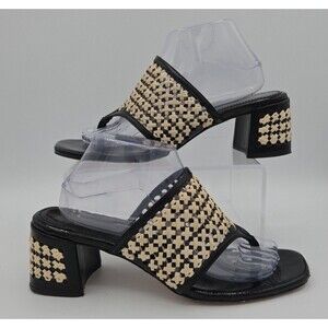 Tory Burch Woven Raffia Block Heeled Mule Sz 10.5 Black Raffia Sandal Slip-On